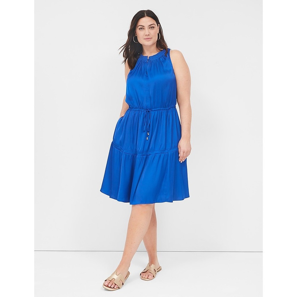 Lane Bryant Satin Smocked Halter Dress Tie Waist Size 24 3X Sleeveless Blue NWT